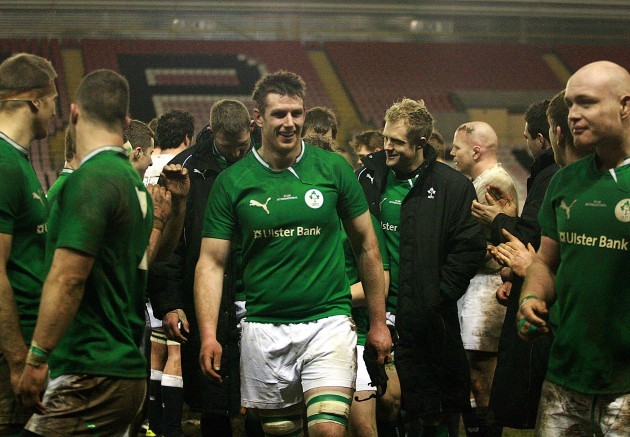 The Irish players celebrate after the game