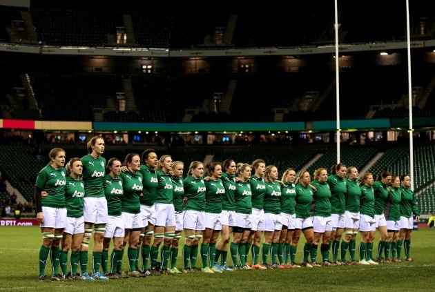 The Irish team stand for the national anthem