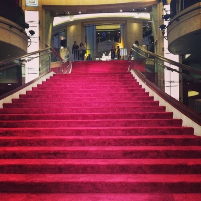 The red carpet grand staircase leading to the Dolby is ready for its guests.