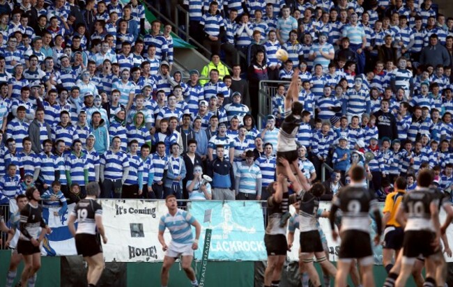 Blackrock fans look on as Newbridge College win a line-out