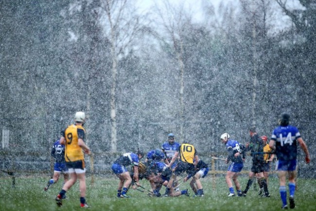 General view of the game between as snow comes down 11/2/2014