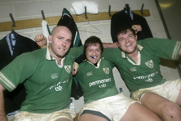 John Hayes, Shane Byrne and Reggie Corrigan celebrate