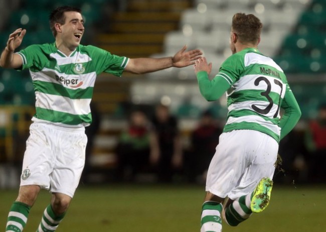 Stephen McPahil celebrates scoring with Robert Bayly