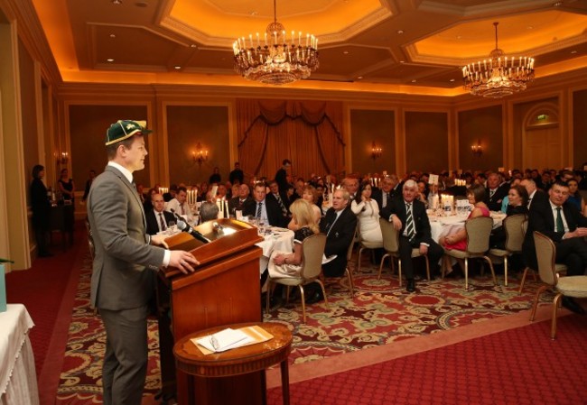 Ireland&Otilde;s Brian O&Otilde;Driscoll who received a cap for his world record of 140 caps at the IRFU dinner after the match