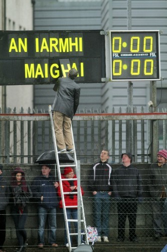 General view of the scoreboard in Cusack Park before the game