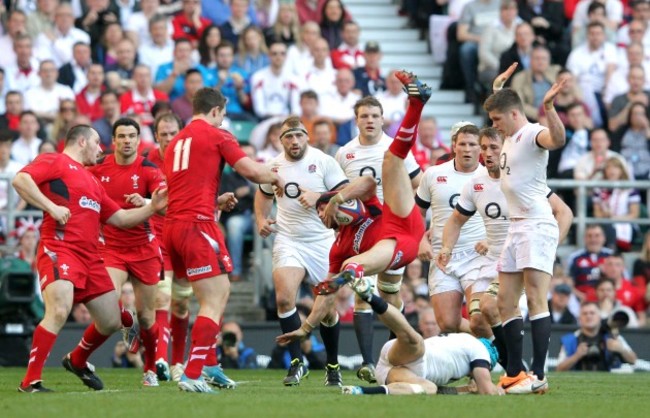 Leigh Halfpenny falls heavily after a challenge with Jack Nowell