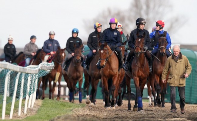 Ruby Walsh and Hurricane Fly with trainer Willie Mullins as they lead out the Mullins' horses 10/3/2014