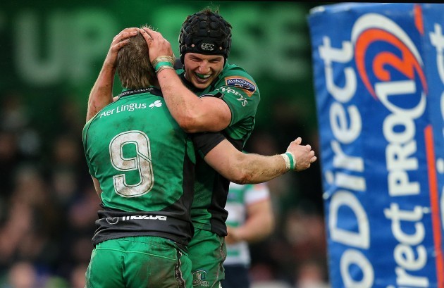 Kieran Marmion celebrates with Eoghan Masterson after scoring his side's third try