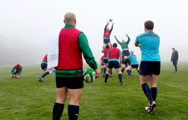 Donnacha Ryan and Peter O'Mahony compete for a high ball