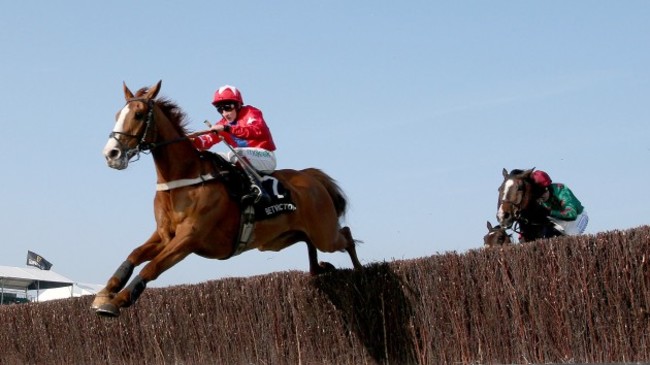 Jamie Moore onboard Sire De Grugy clears the last to win