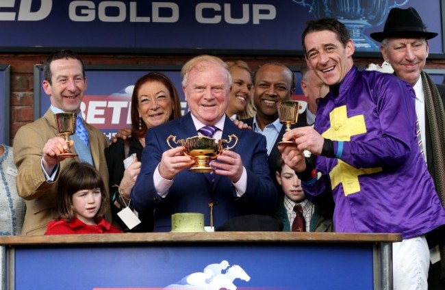 Jim Culloty, Dr. Ronan Lamb and Davy Russell celebrate after winning