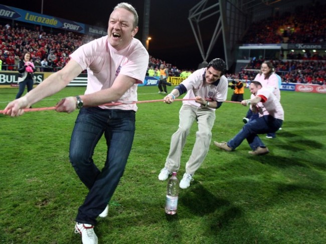 Mick Galwey, Frankie Sheahan and Peter Clohessy, who took part in the Ballygowan Pink &Ocirc;Be Part of It&Otilde; charity tug-of-war