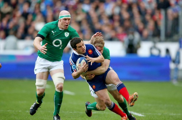 Brice Dulin tackled by Andrew Trimble and Paul O'Connell