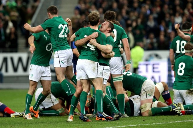 Andrew Trimble and Brian O'Driscoll celebrate after the game