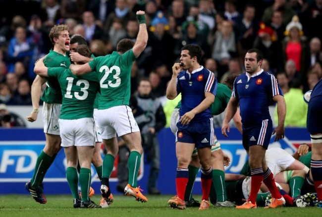 Brian O'Driscoll celebrates with Fergus McFadden, Andrew Trimble and Rob Kearney at the final whistle