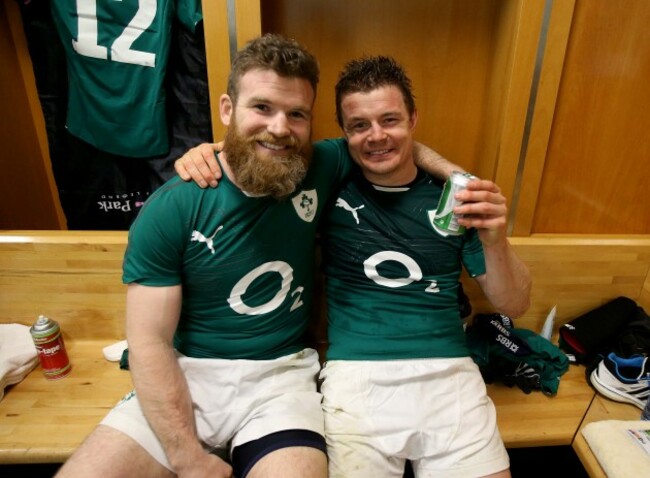 Gordon D'Arcy and Brian O'Driscoll celebrate in the dressing room