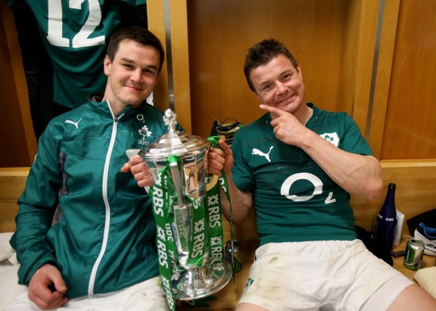 Jonathan Sexton and Brian O'Driscoll celebrate in the dressing room