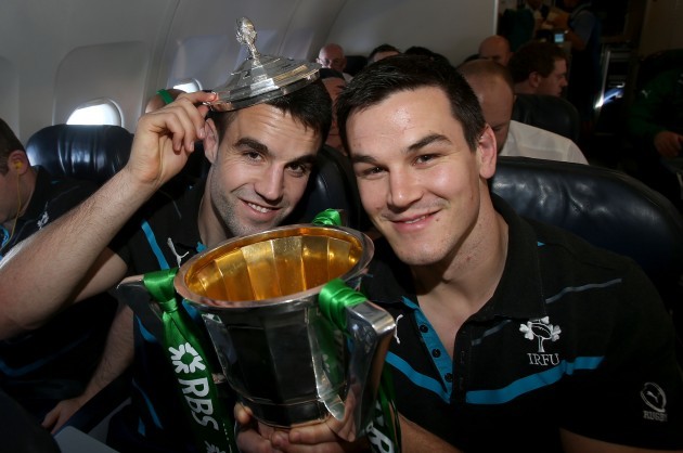 Conor Murray and Jonathan Sexton celebrate with the Ireland RBS 6 Nations on there way back to Dublin