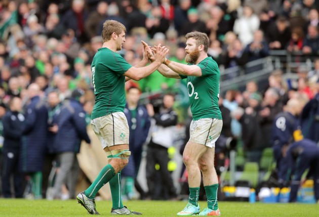 Chris Henry and Gordon D'Arcy celebrate after the game