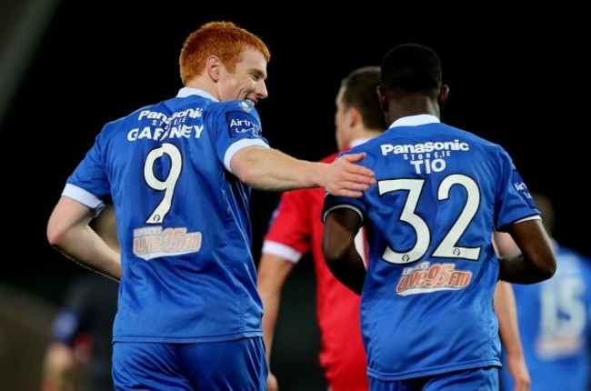 Rory Gaffney celebrates scoring a goal with Carel Tiofack