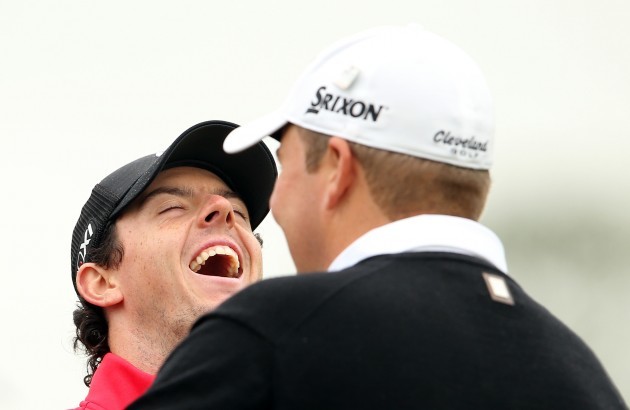 Rory McIlroy and Shane Lowry share a joke on the 3rd tee box