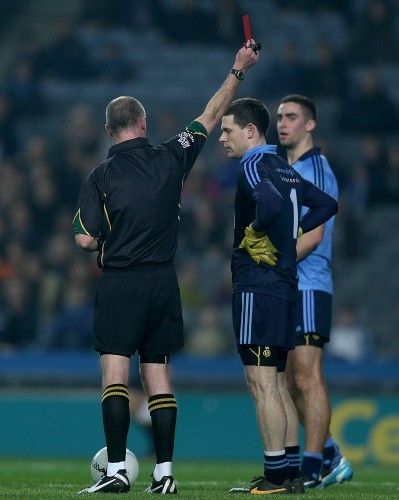 Dublin goalkeeper Stephen Cluxton is sent off by referee Cormac Reilly