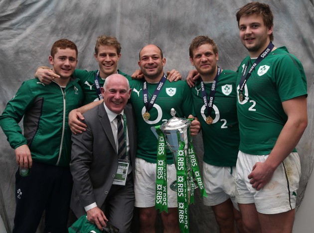 Paddy Jackson, Andrew Trimble, Rory Best, Chris Henry and Iain Henderson and Mick Kearney with the trophy