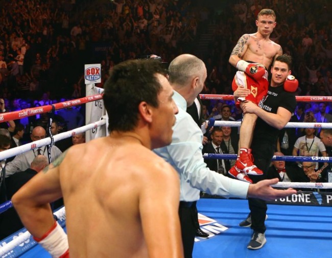 Carl Frampton celebrates defeating Hugo Cazares  4/4/2014