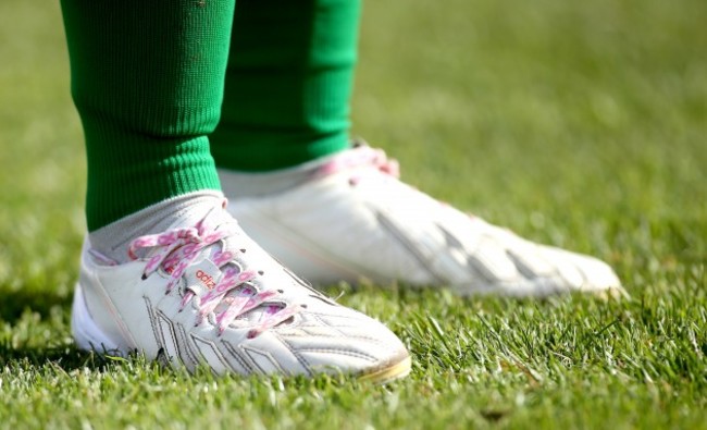 Aine O'Gorman wearing pink laces in support of breast cancer awareness