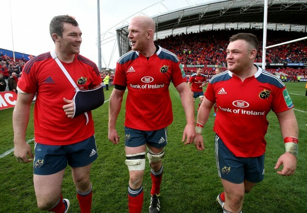 Peter O'Mahony, Paul O'Connell and Dave Kilcoyne celebrate