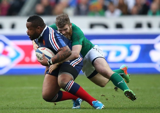 Mathieu Bastareaud  is tackled by Gordon DÕArcy