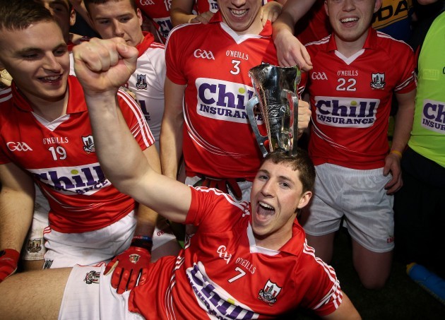 Cork's Kevin Crowley celebrates with the cup.