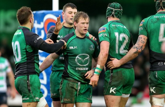 Robbie Henshaw, Dan Parks and Dave McSharry celebrates with Kieran Marmion