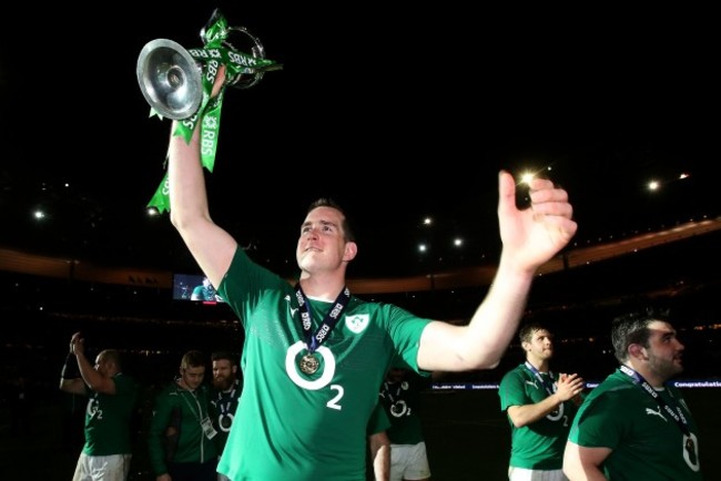 Devin Toner celebrates with the RBS 6 Nations trophy