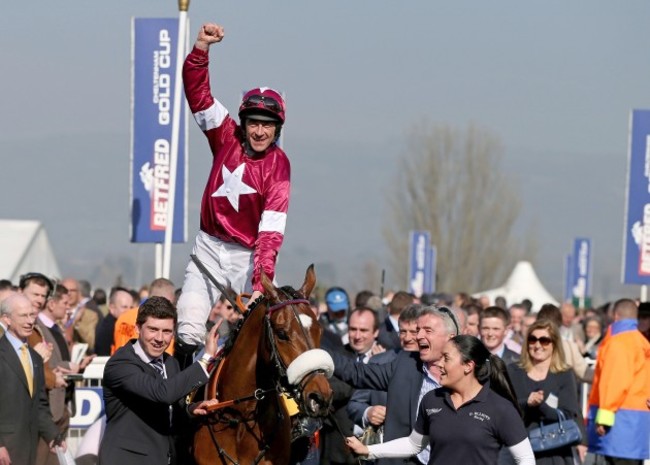 Davy Russell celebrates winning on Tiger Roll 14/3/2014