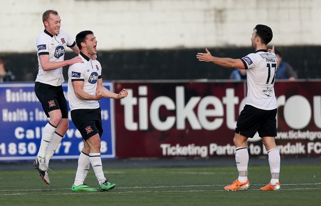 Patrick Hoban celebrates scoring his second goal with Chris Shields and Richie Towell