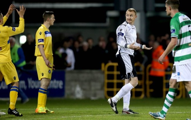 Goalkeeper Barry Ryan leaves the pitch after being sent off