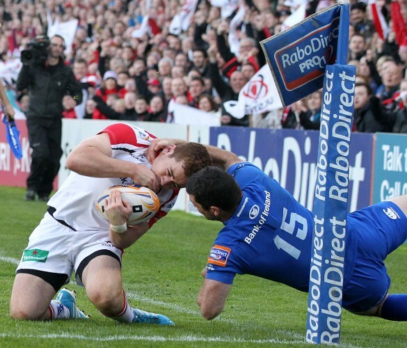 Paddy Jackson is tackled high by Rob Kearney resulting in a penalty try and a yellow card