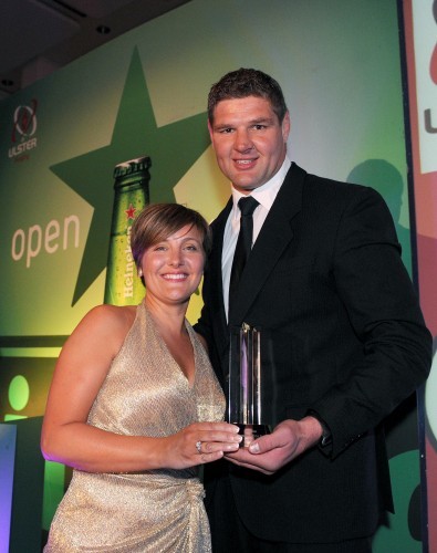 Johann Muller is presented with the Heineken Ulster Rugby Personality Of The Year by Lisa Nulty