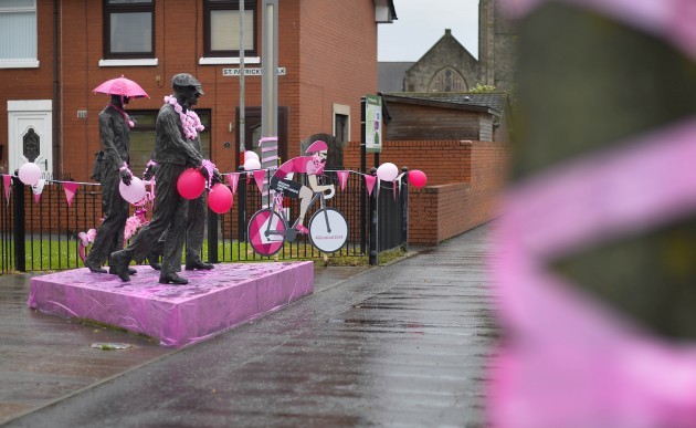 Giro d'Italia pink branding on the Newtownards Road
