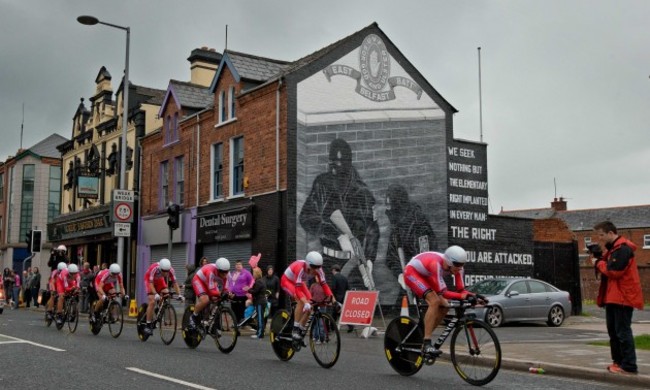 Team Katusha make their way up the Newtonards Road