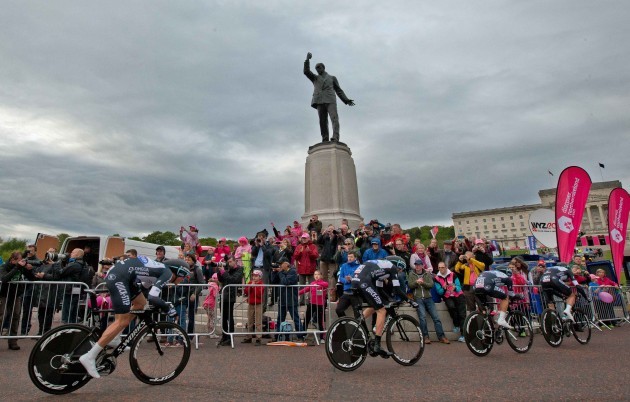 The Omega Pharma Quick Step team make their way up the hill to Stormont