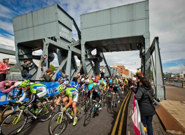 The race leaders, including stage winner Marcel Kittel near the finish in Dublin City centre