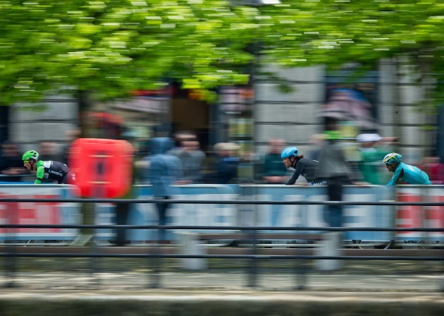 The riders make their way along the quays in Dublin City centre
