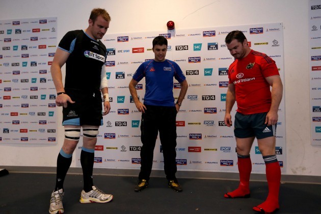 Referee Marius Mitrea with Alastair Kellock and Damien Varley during the coin toss