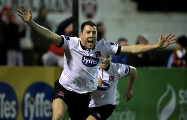 Brian Gartland celebrates scoring a goal.