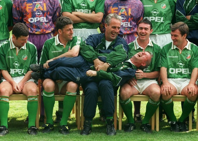 Irish soccer team sharing a joke 1996