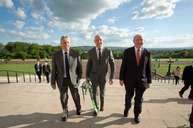 Peter Robinson, Paul O'Connell and Martin McGuinness climb the steps to Stormont 21/5/2014