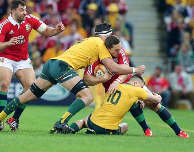 George North tackled by James O'Connor and Kane Douglas 22/6/2013