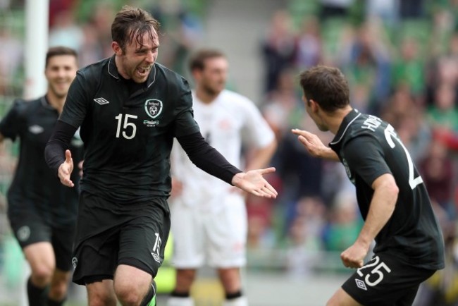 Richard Keogh celebrates scoring the first goal with Wes Hoolahan